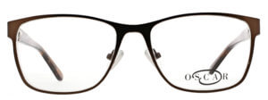 Oscar de la Renta clear frame glasses with brown trim and logo