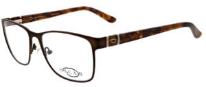 Oscar de la Renta clear frame glasses with brown trim and logo