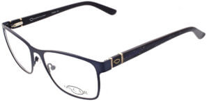 Oscar de la Renta clear frame glasses with blue trim and logo
