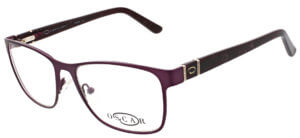 Oscar de la Renta clear frame glasses with red trim and logo