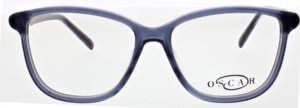 Oscar de la Renta clear frame glasses with blue trim and logo