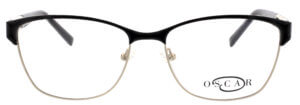 Oscar de la Renta thin round frame glasses with black trim and logo